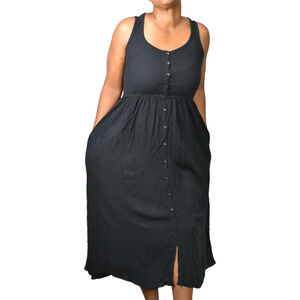 Frye Easy Button Front Dress Black Midi Minimalist Tank Jersey Pockets Rayon XS